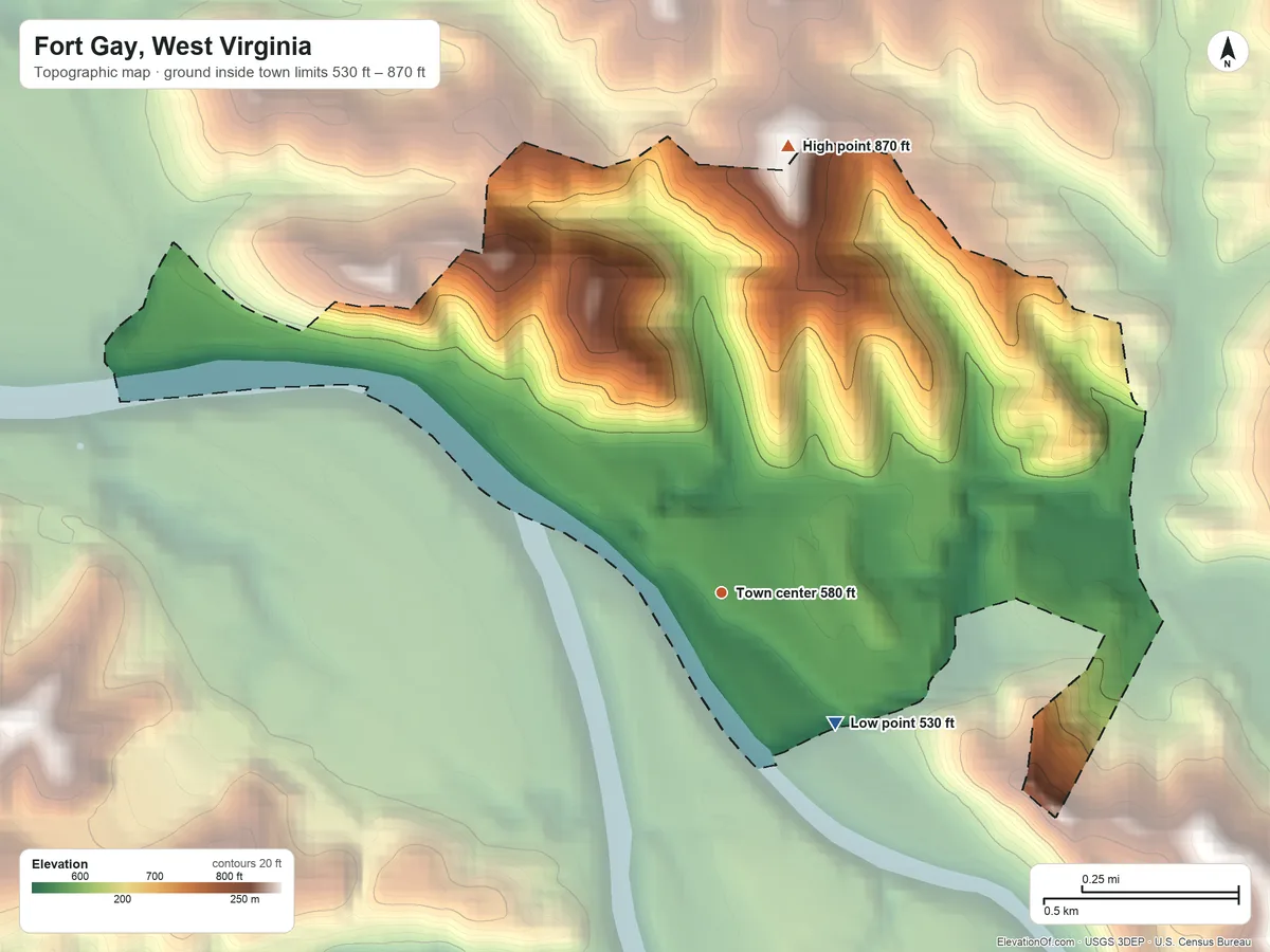 Topographic elevation map of Fort Gay, West Virginia, shaded from 530 ft on the southeast side to 870 ft on the north side