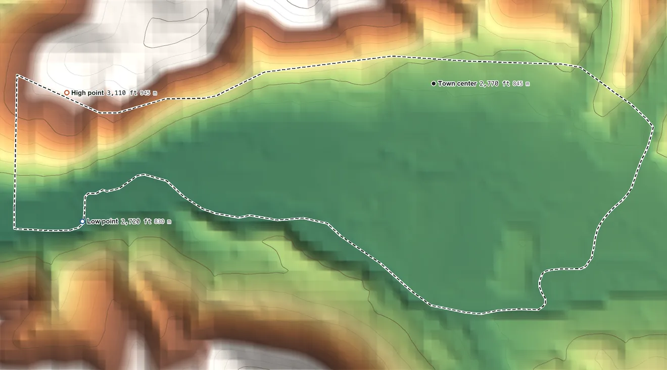 Topographic elevation map of Frank, West Virginia, shaded from 2,720 ft on the west side to 3,110 ft on the west edge, below higher ground just outside