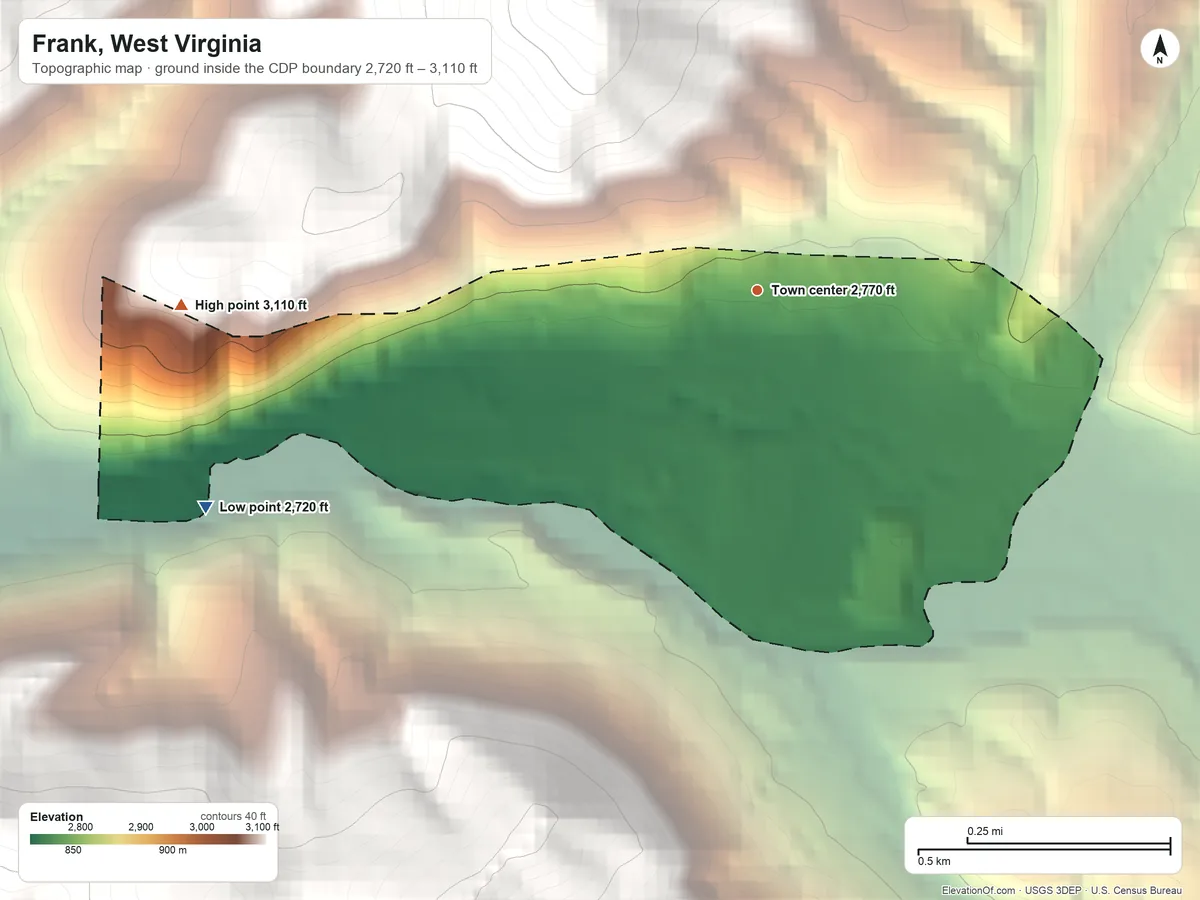 Topographic elevation map of Frank, West Virginia, shaded from 2,720 ft on the west side to 3,110 ft on the west edge, below higher ground just outside