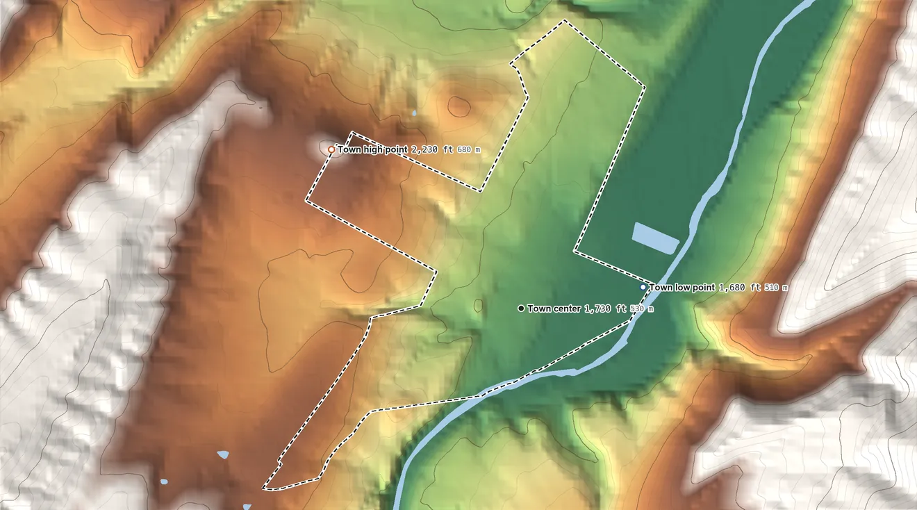 Topographic elevation map of Franklin, West Virginia, shaded from 1,680 ft on the east side to 2,230 ft at the foot of the Allegheny Mountains