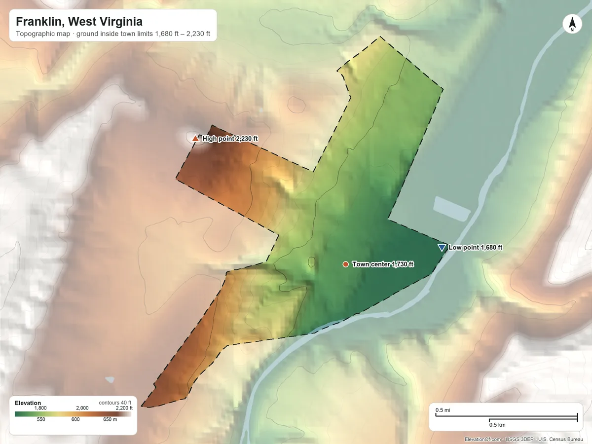 Topographic elevation map of Franklin, West Virginia, shaded from 1,680 ft on the east side to 2,230 ft at the foot of the Allegheny Mountains