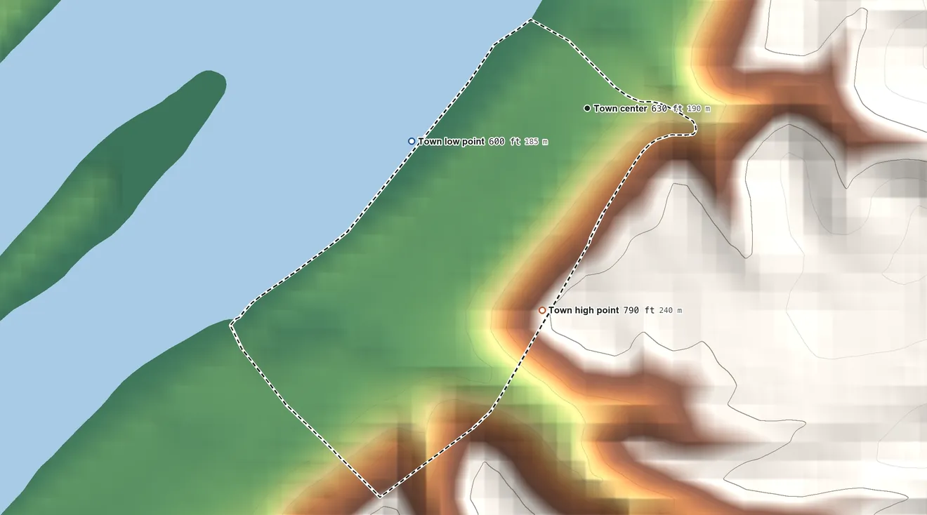 Topographic elevation map of Friendly, West Virginia, shaded from 600 ft on the west side to 790 ft on the south side