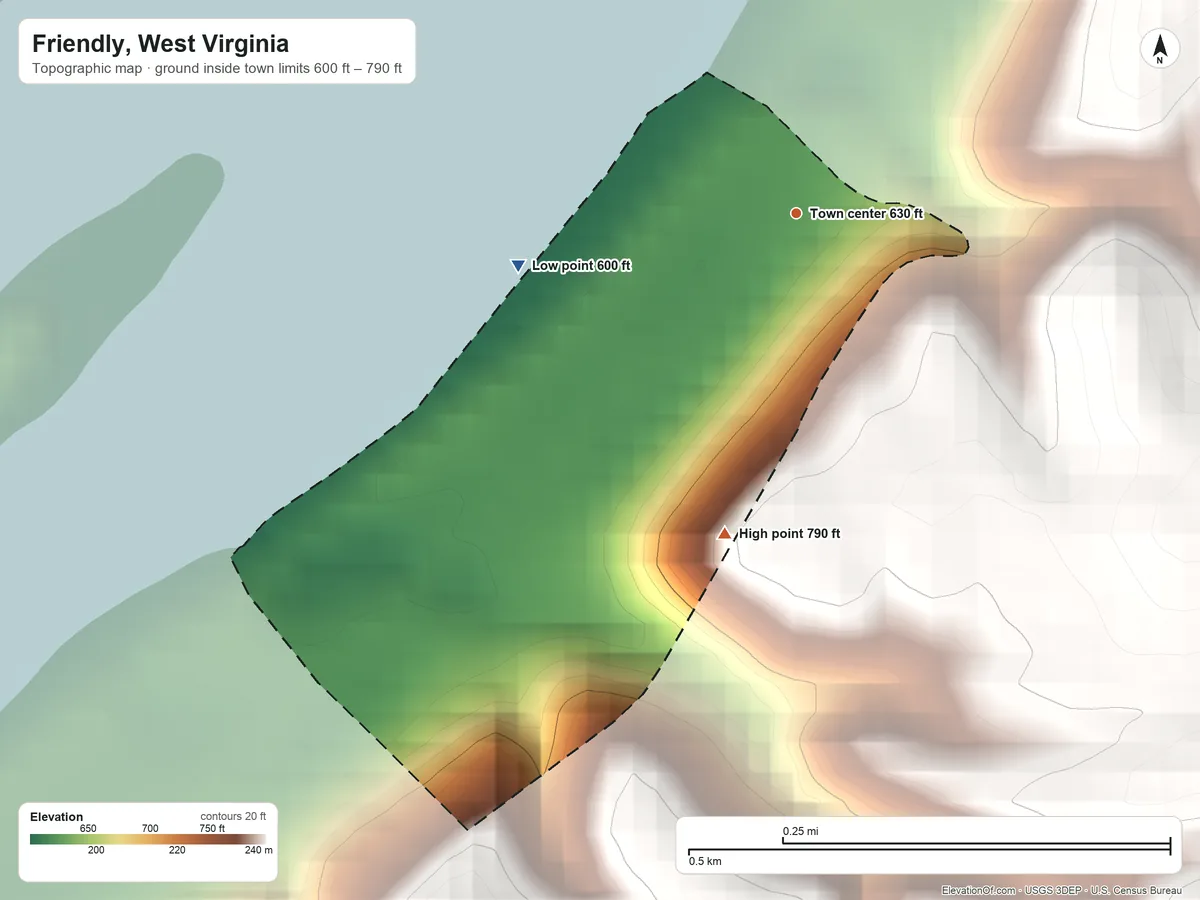 Topographic elevation map of Friendly, West Virginia, shaded from 600 ft on the west side to 790 ft on the south side