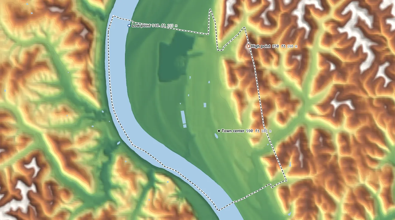 Topographic elevation map of Gallipolis Ferry, West Virginia, shaded from 540 ft on the northwest side to 850 ft on the north side