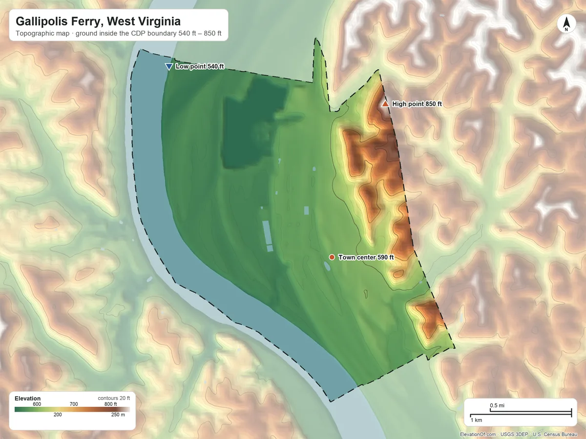 Topographic elevation map of Gallipolis Ferry, West Virginia, shaded from 540 ft on the northwest side to 850 ft on the north side