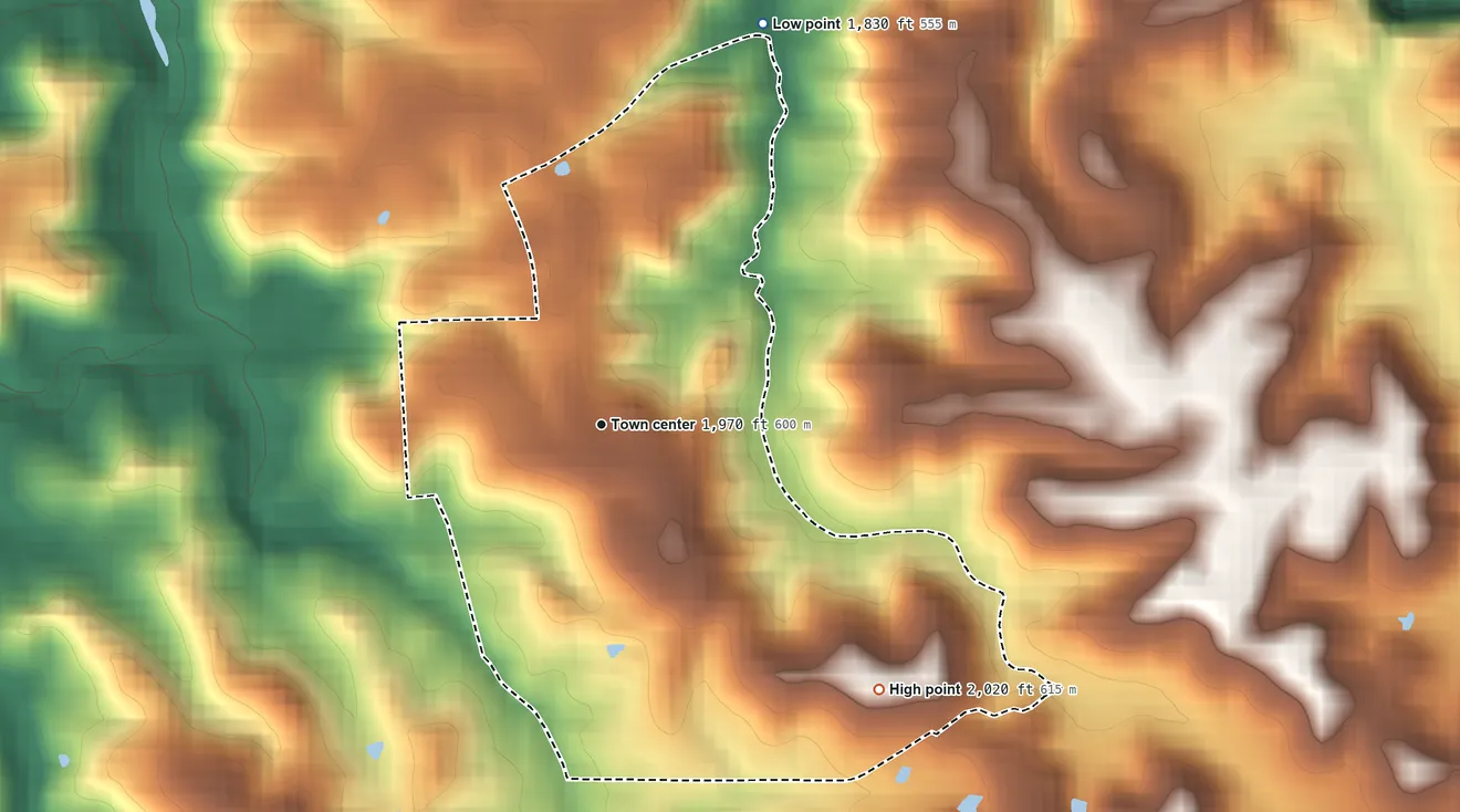 Topographic elevation map of Garten, West Virginia, shaded from 1,830 ft on the north side to 2,020 ft on the southeast side