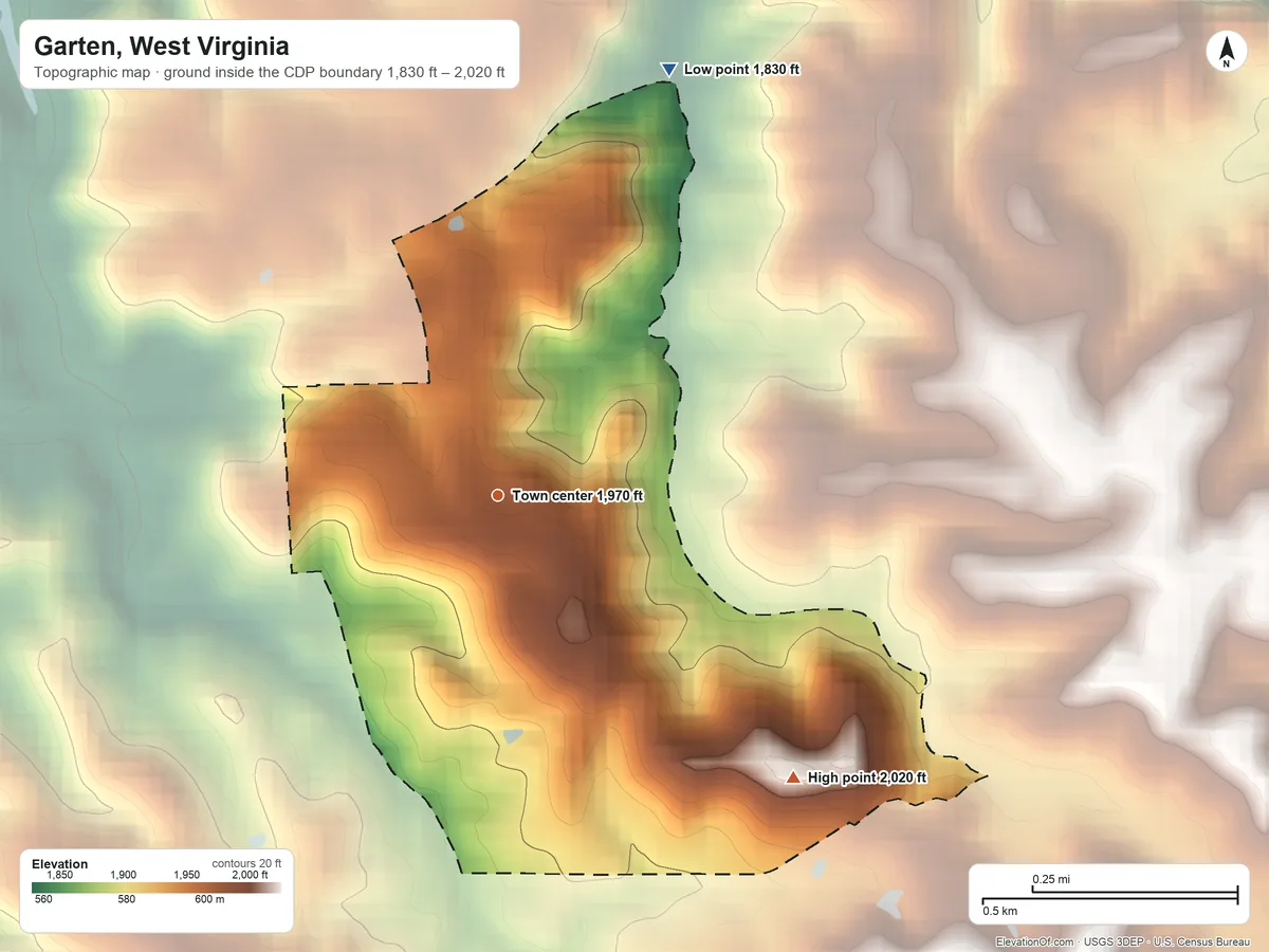 Topographic elevation map of Garten, West Virginia, shaded from 1,830 ft on the north side to 2,020 ft on the southeast side