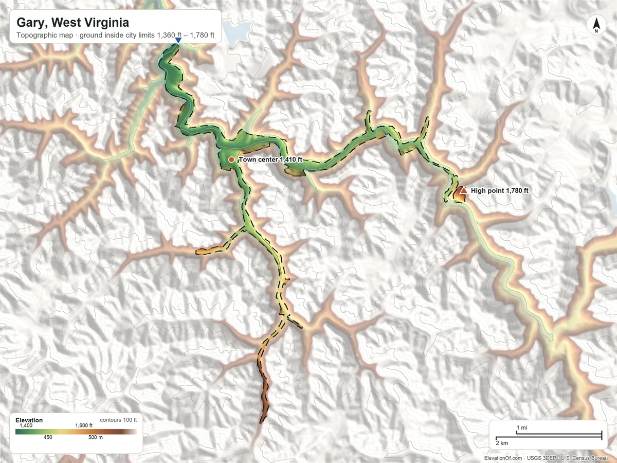Topographic elevation map of Gary, West Virginia, shaded from 1,360 ft on the northwest side to 1,780 ft on the east edge, below higher ground just outside