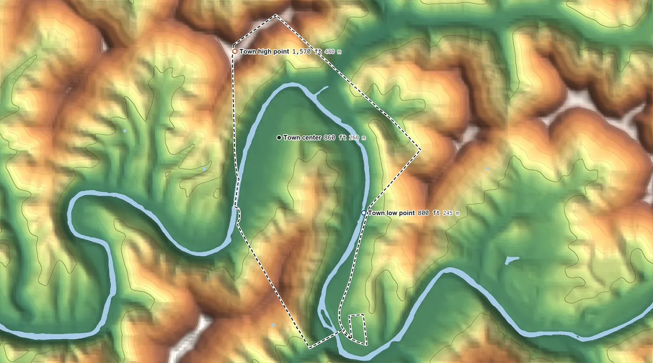Topographic elevation map of Gassaway, West Virginia, shaded from 800 ft on the southeast side to 1,570 ft on the northwest side