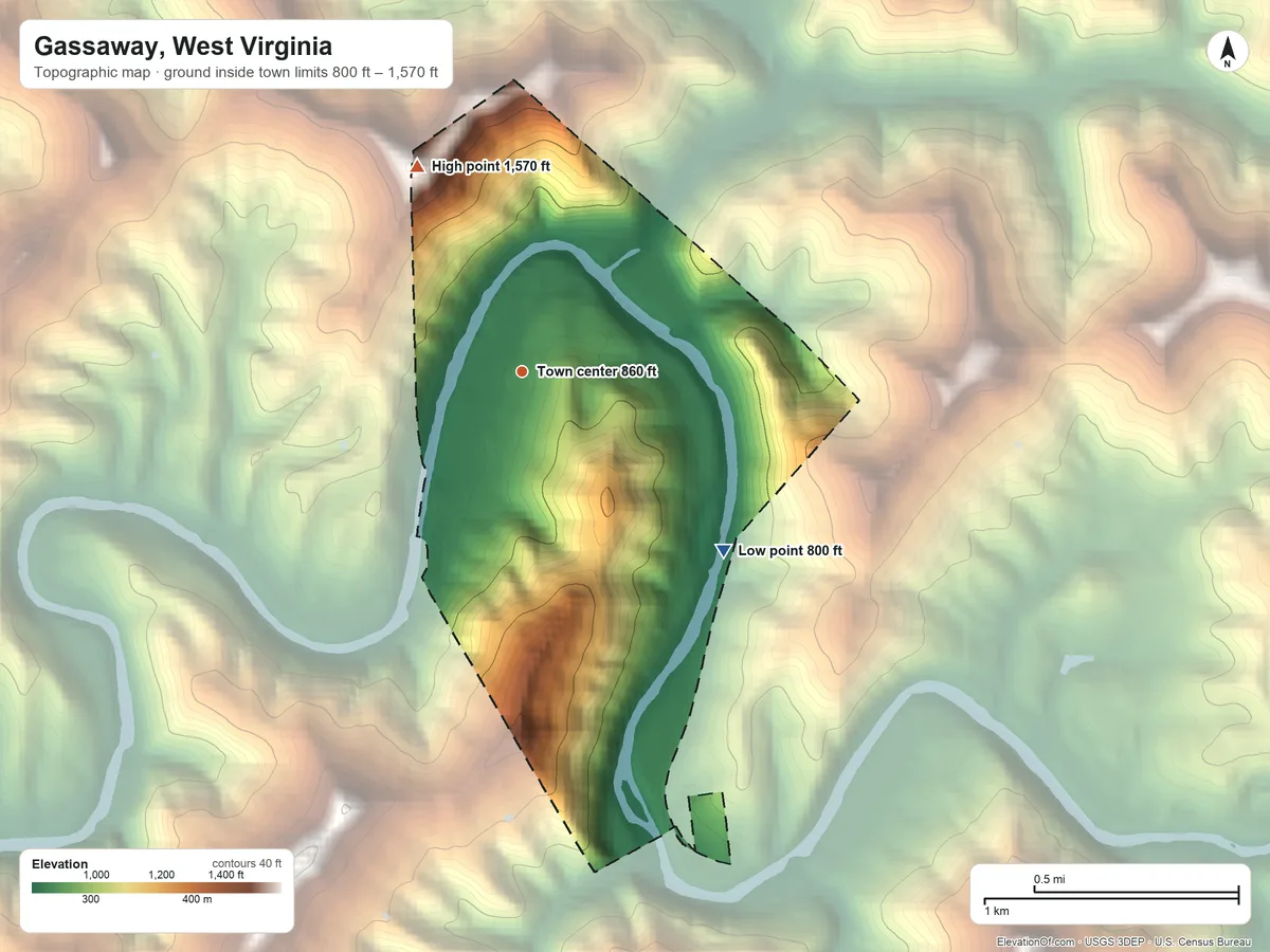 Topographic elevation map of Gassaway, West Virginia, shaded from 800 ft on the southeast side to 1,570 ft on the northwest side