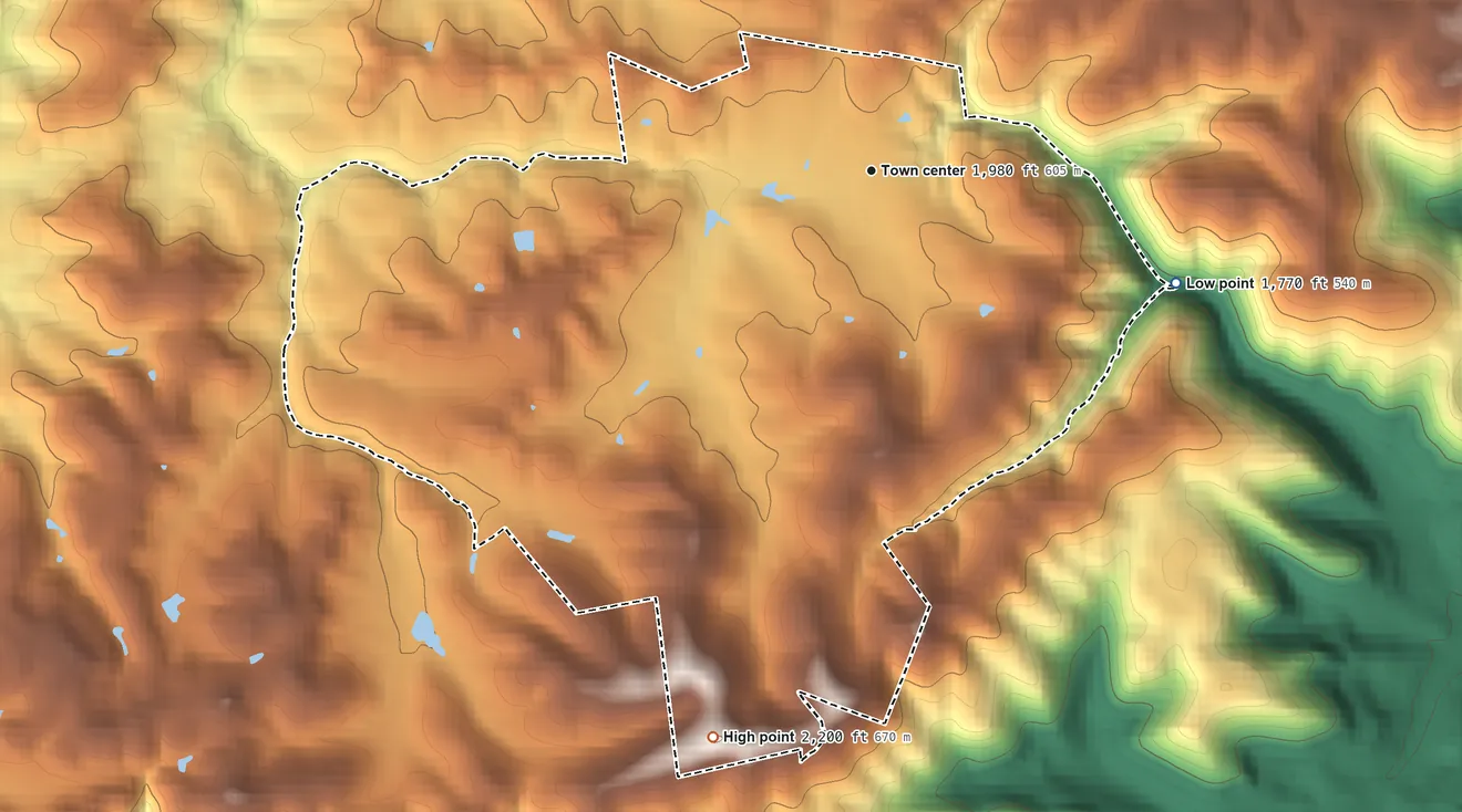 Topographic elevation map of Gatewood, West Virginia, shaded from 1,770 ft on the east side to 2,200 ft on the south side