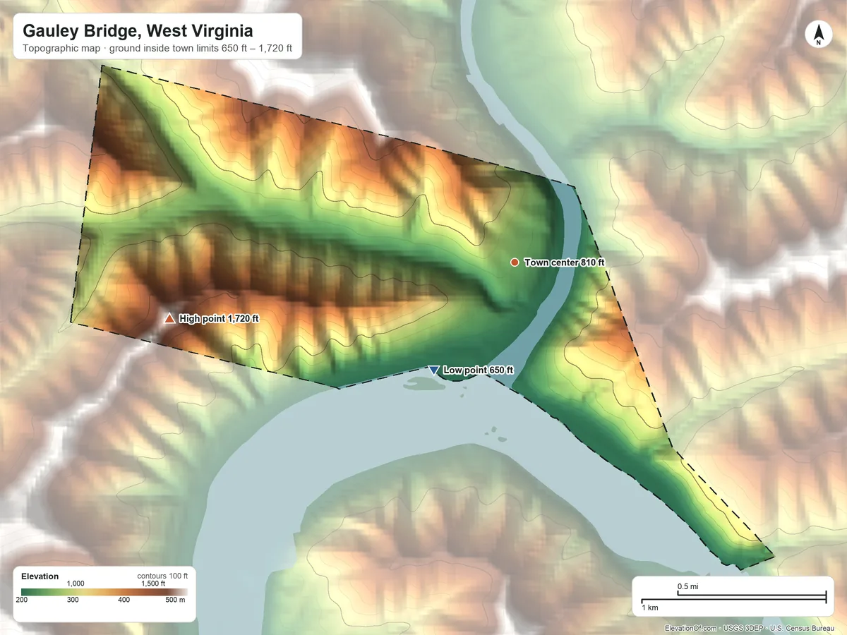 Topographic elevation map of Gauley Bridge, West Virginia, shaded from 650 ft on the southwest side to 1,720 ft on the west edge, below higher ground just outside