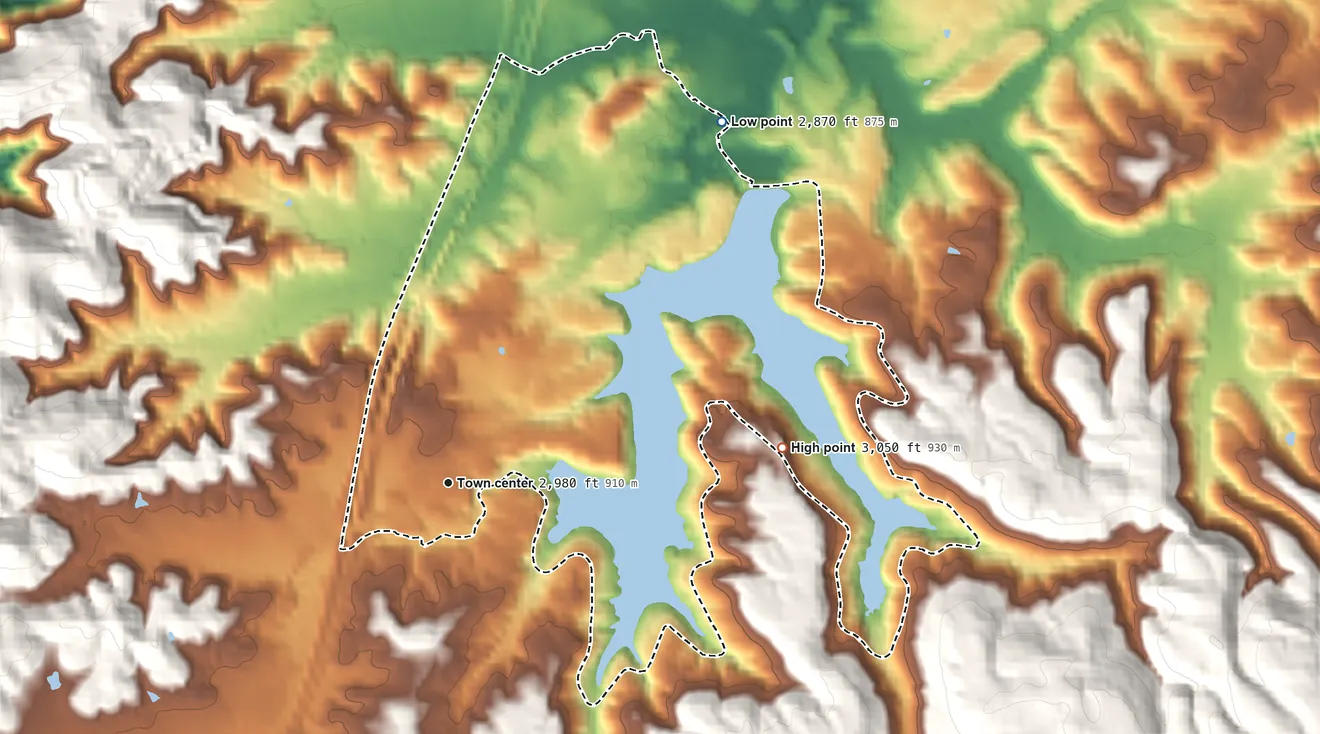 Topographic elevation map of Ghent, West Virginia, shaded from 2,870 ft on the northeast side to 3,050 ft at the foot of the Guyandotte Mountain
