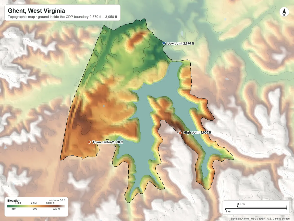 Topographic elevation map of Ghent, West Virginia, shaded from 2,870 ft on the northeast side to 3,050 ft at the foot of the Guyandotte Mountain