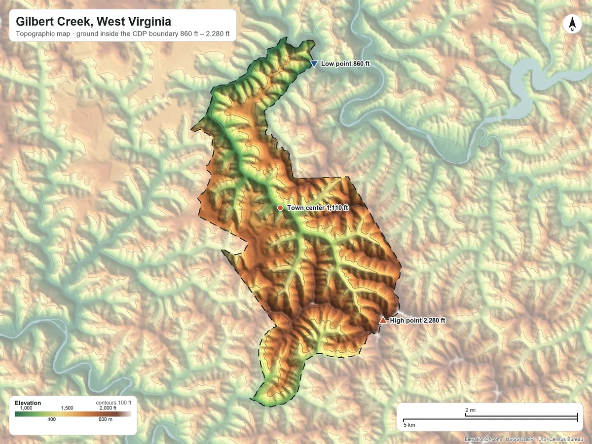 Topographic elevation map of Gilbert Creek, West Virginia, shaded from 860 ft on the north side to 2,280 ft on the southeast side