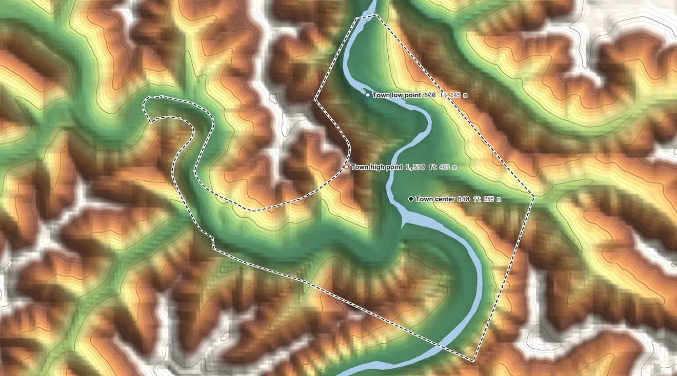Topographic elevation map of Gilbert, West Virginia, shaded from 800 ft on the north side to 1,530 ft at the foot of the Huff Mountain