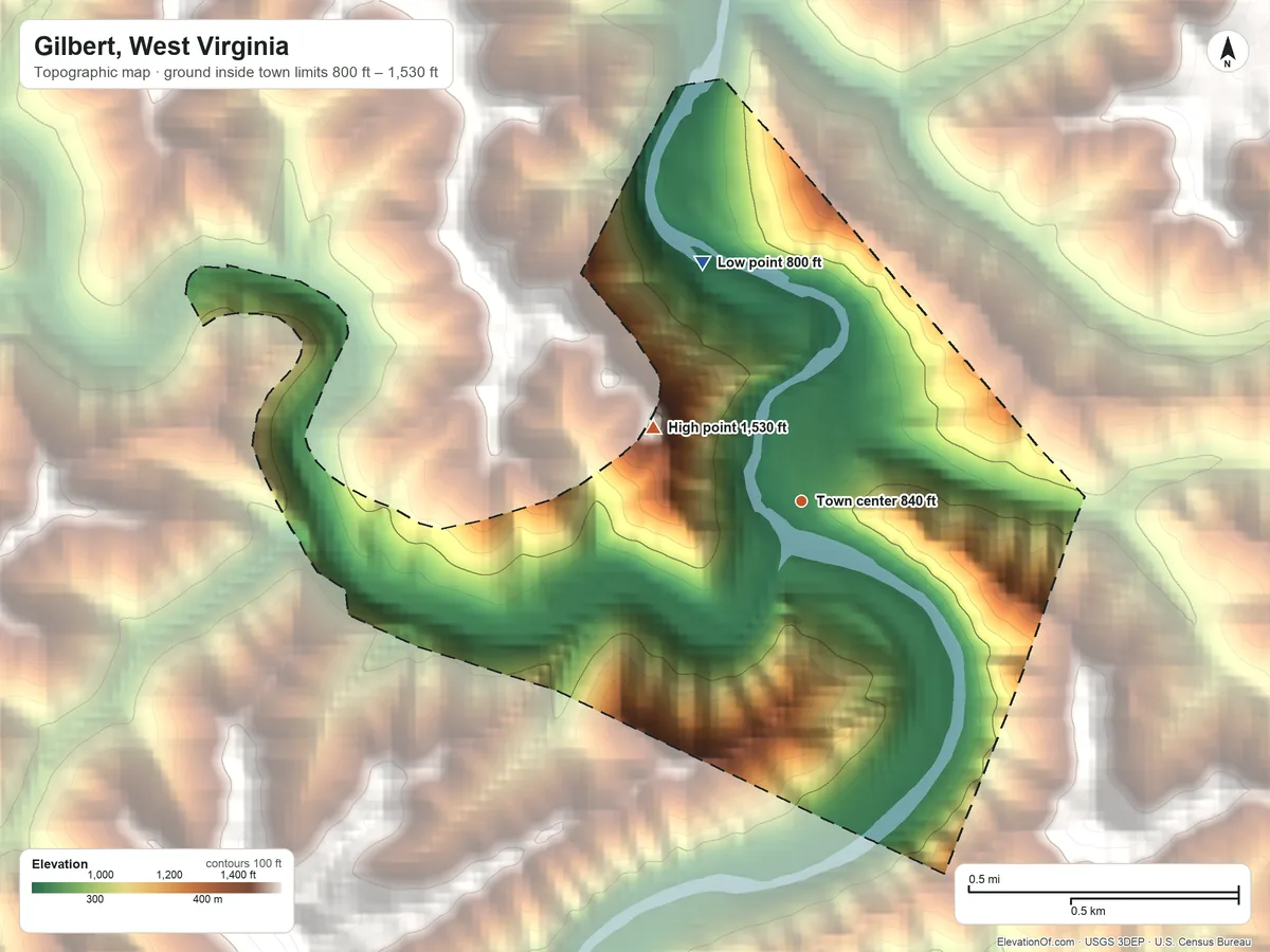 Topographic elevation map of Gilbert, West Virginia, shaded from 800 ft on the north side to 1,530 ft at the foot of the Huff Mountain