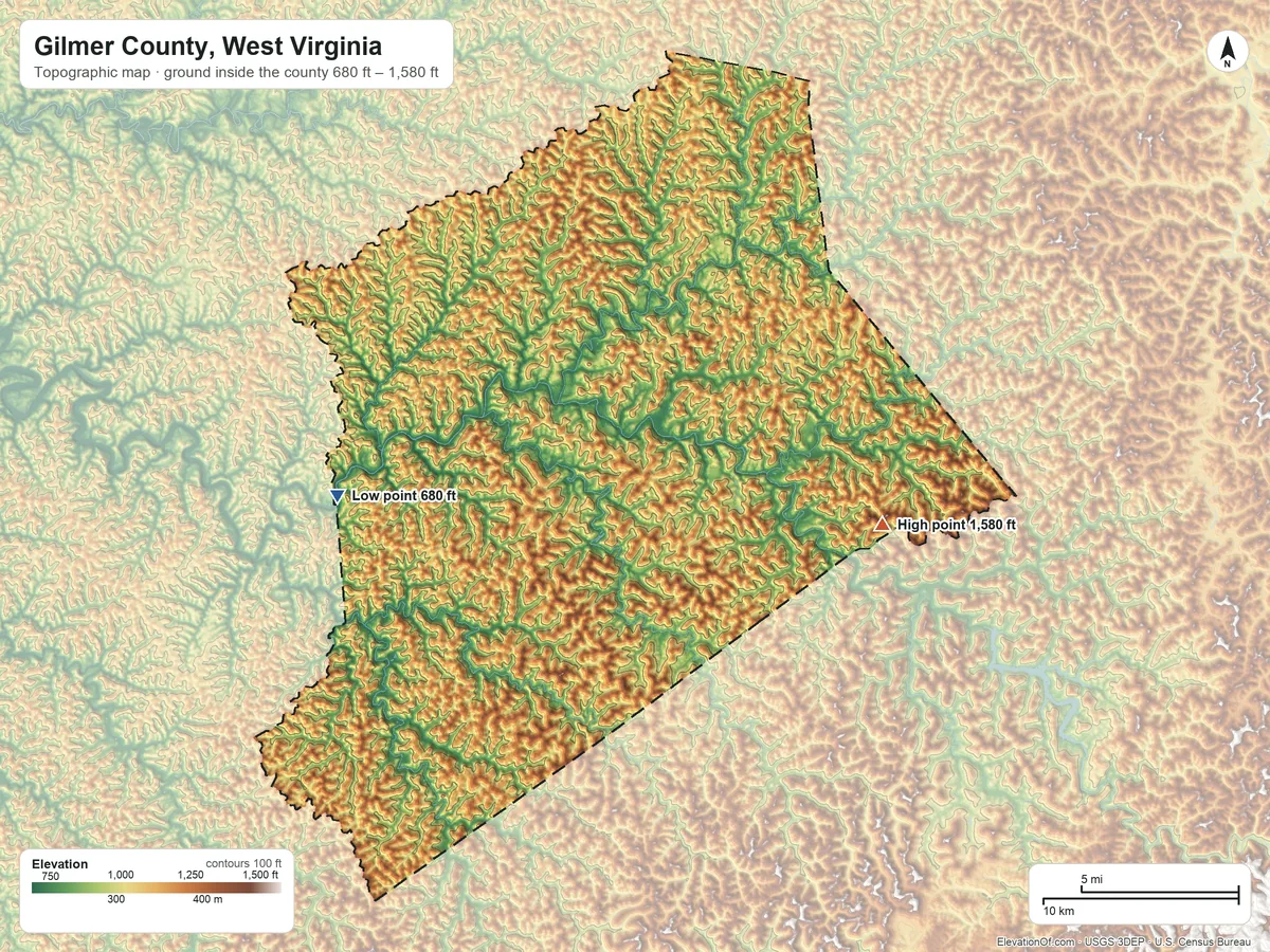 Topographic elevation map of Gilmer County, West Virginia, shaded from 680 ft on the west side to 1,580 ft on the east side