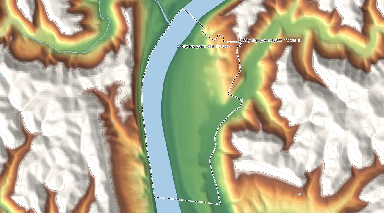 Topographic elevation map of Glen Dale, West Virginia, shaded from 620 ft on the northwest side to 1,000 ft on the northeast edge, below higher ground just outside