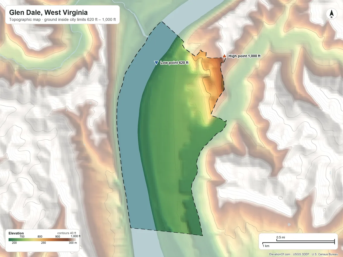 Topographic elevation map of Glen Dale, West Virginia, shaded from 620 ft on the northwest side to 1,000 ft on the northeast edge, below higher ground just outside