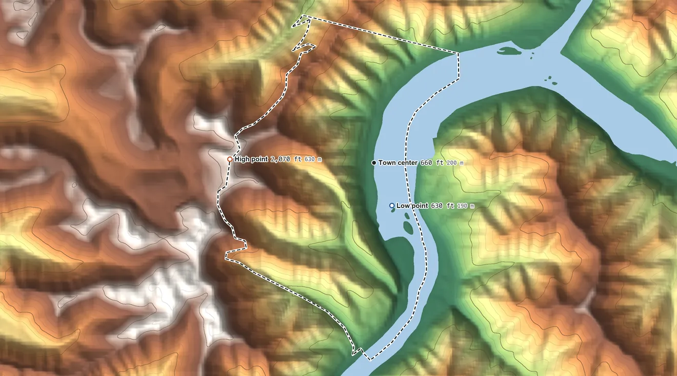 Topographic elevation map of Glen Ferris, West Virginia, shaded from 630 ft on the southeast side to 2,070 ft on the west side