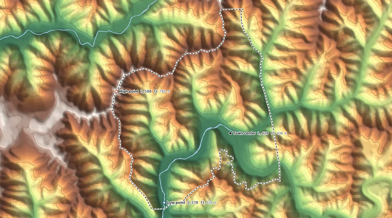 Topographic elevation map of Glen Fork, West Virginia, shaded from 1,370 ft on the southwest side to 2,580 ft on the west side