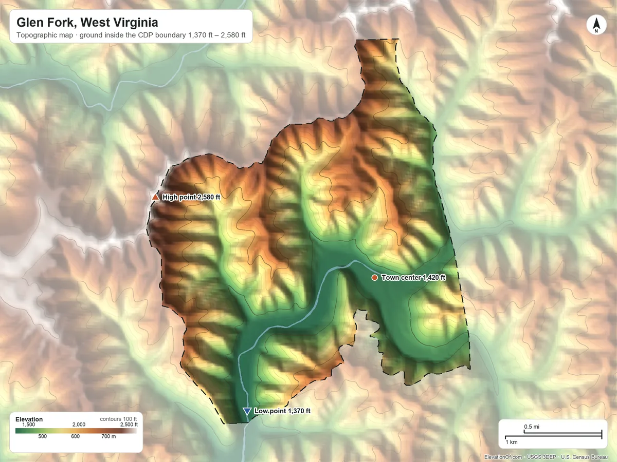 Topographic elevation map of Glen Fork, West Virginia, shaded from 1,370 ft on the southwest side to 2,580 ft on the west side