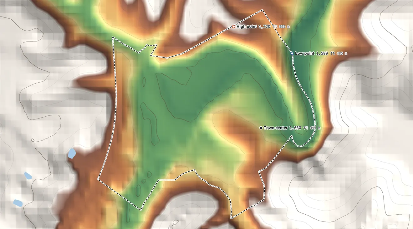 Topographic elevation map of Glen Jean, West Virginia, shaded from 1,590 ft on the northeast side to 1,720 ft on the north edge, below higher ground just outside