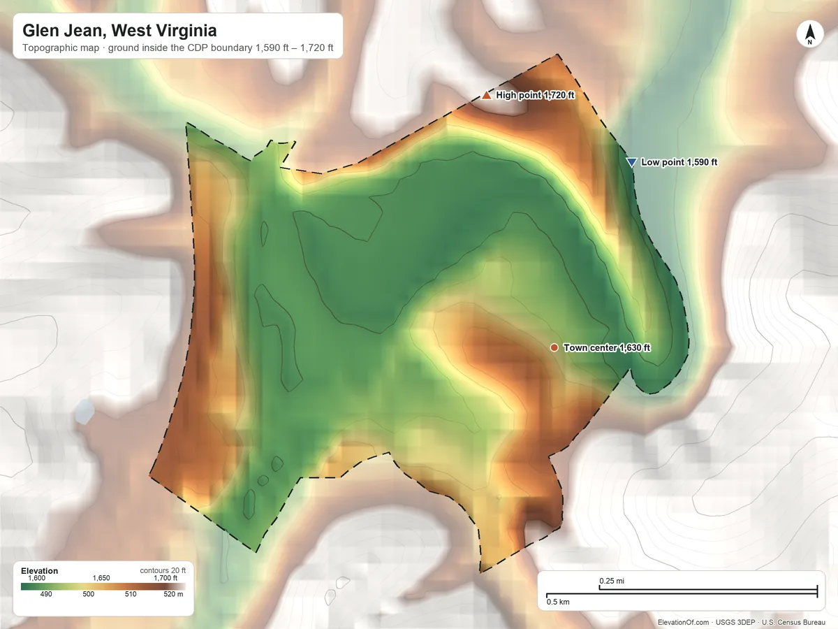 Topographic elevation map of Glen Jean, West Virginia, shaded from 1,590 ft on the northeast side to 1,720 ft on the north edge, below higher ground just outside