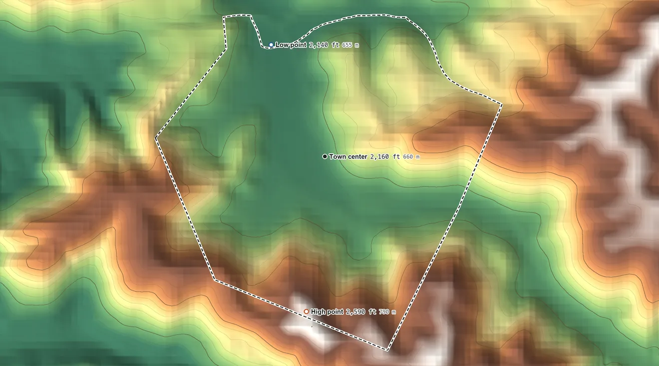 Topographic elevation map of Glen White, West Virginia, shaded from 2,140 ft on the northwest side to 2,590 ft on the south side