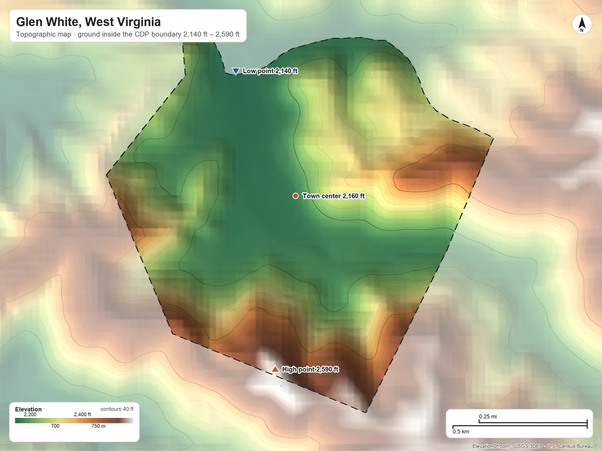 Topographic elevation map of Glen White, West Virginia, shaded from 2,140 ft on the northwest side to 2,590 ft on the south side
