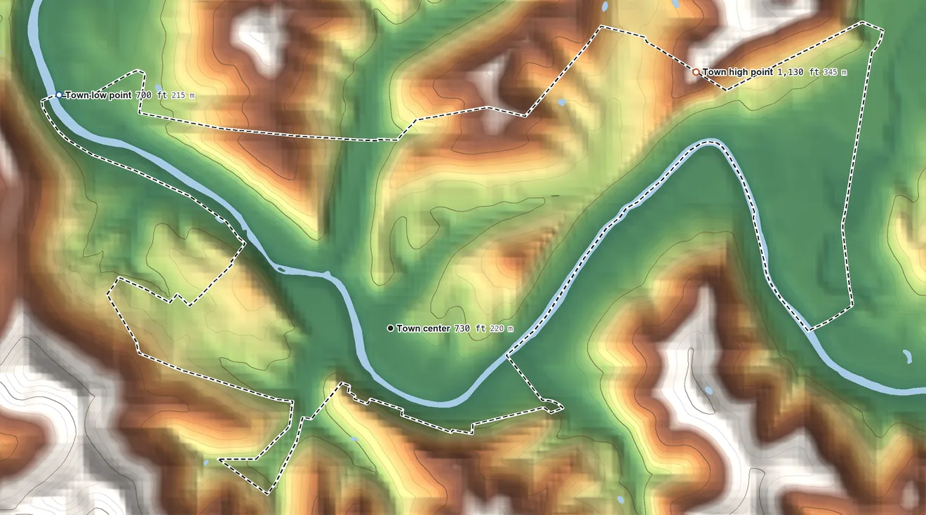 Topographic elevation map of Glenville, West Virginia, shaded from 700 ft on the northwest side to 1,130 ft on the northeast side