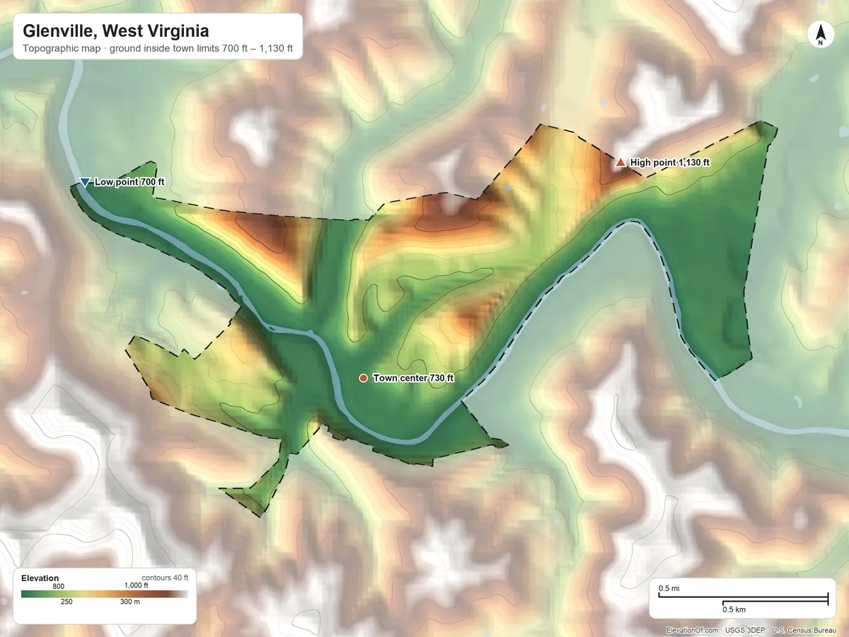 Topographic elevation map of Glenville, West Virginia, shaded from 700 ft on the northwest side to 1,130 ft on the northeast side