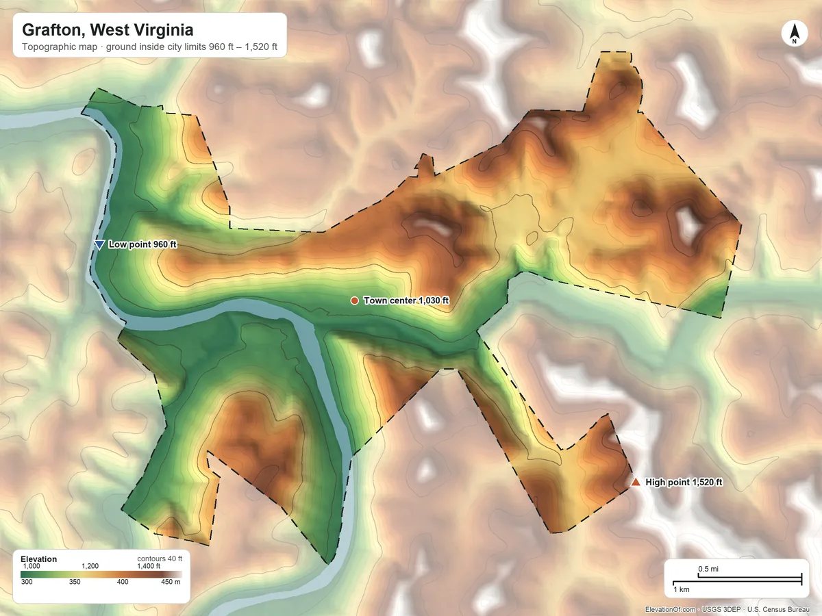 Topographic elevation map of Grafton, West Virginia, shaded from 960 ft on the west side to 1,520 ft on the southeast side