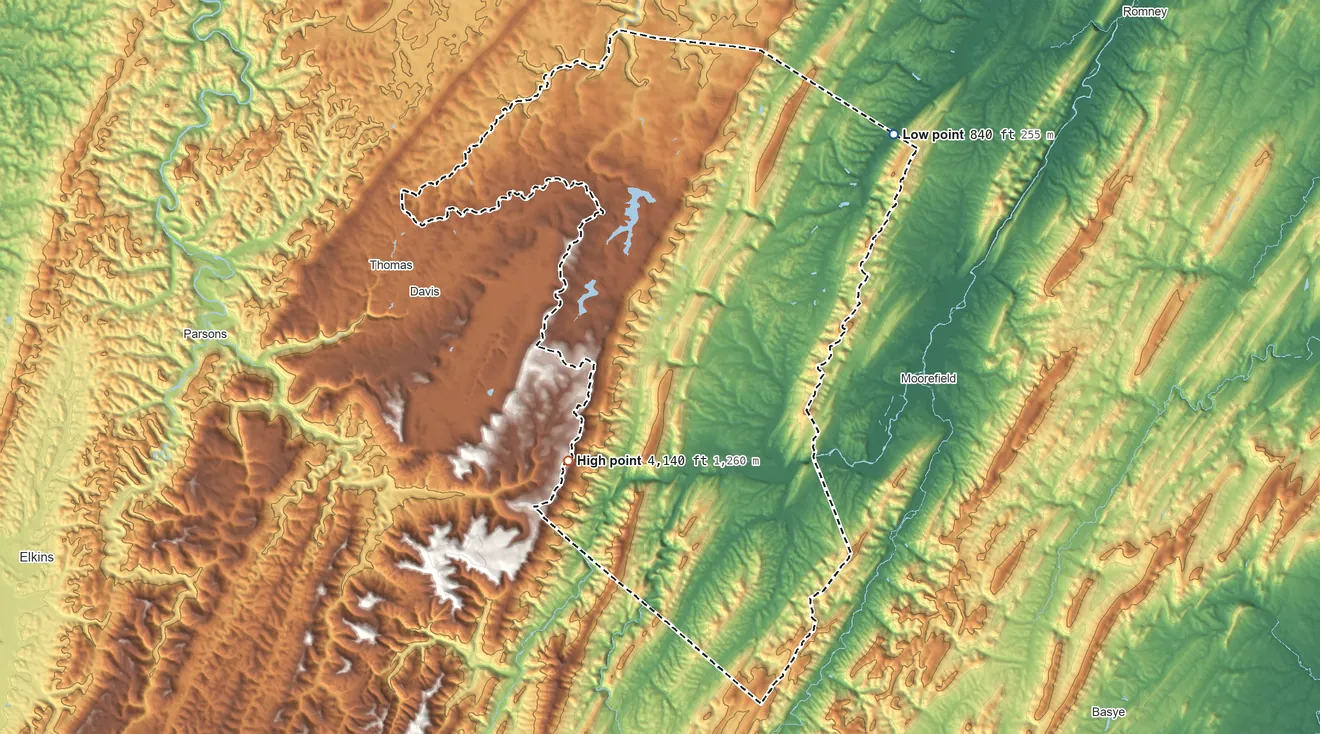 Topographic elevation map of Grant County, West Virginia, shaded from 840 ft on the northeast side to 4,140 ft on the southwest side