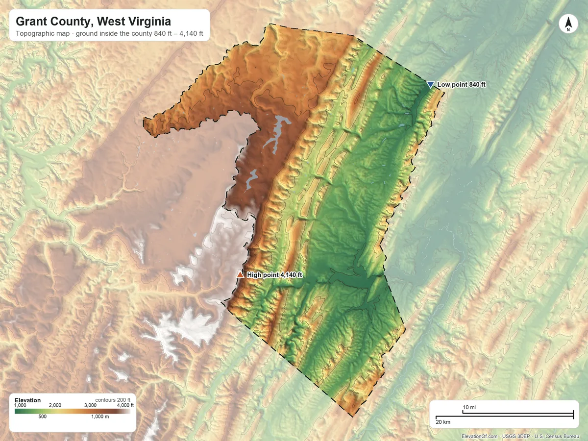 Topographic elevation map of Grant County, West Virginia, shaded from 840 ft on the northeast side to 4,140 ft on the southwest side