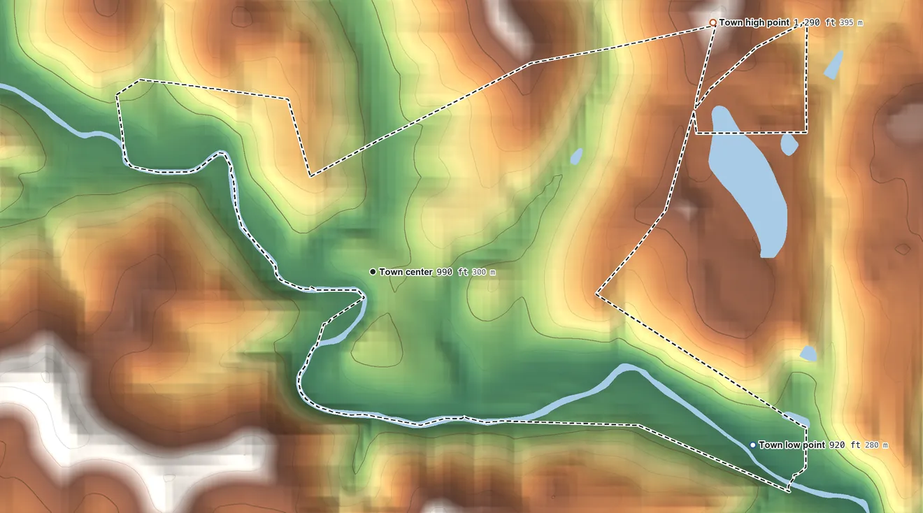Topographic elevation map of Grant Town, West Virginia, shaded from 920 ft on the southeast side to 1,290 ft on the northeast side