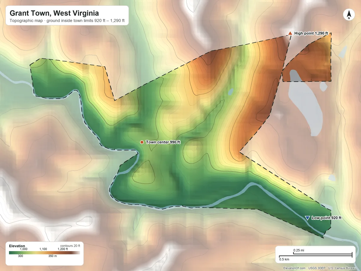 Topographic elevation map of Grant Town, West Virginia, shaded from 920 ft on the southeast side to 1,290 ft on the northeast side