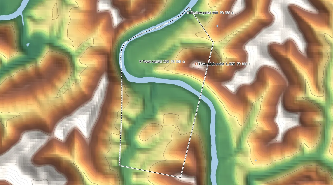 Topographic elevation map of Grantsville, West Virginia, shaded from 660 ft on the northeast side to 1,020 ft on the east side