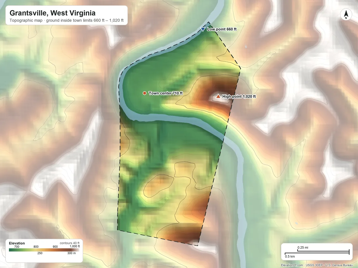 Topographic elevation map of Grantsville, West Virginia, shaded from 660 ft on the northeast side to 1,020 ft on the east side