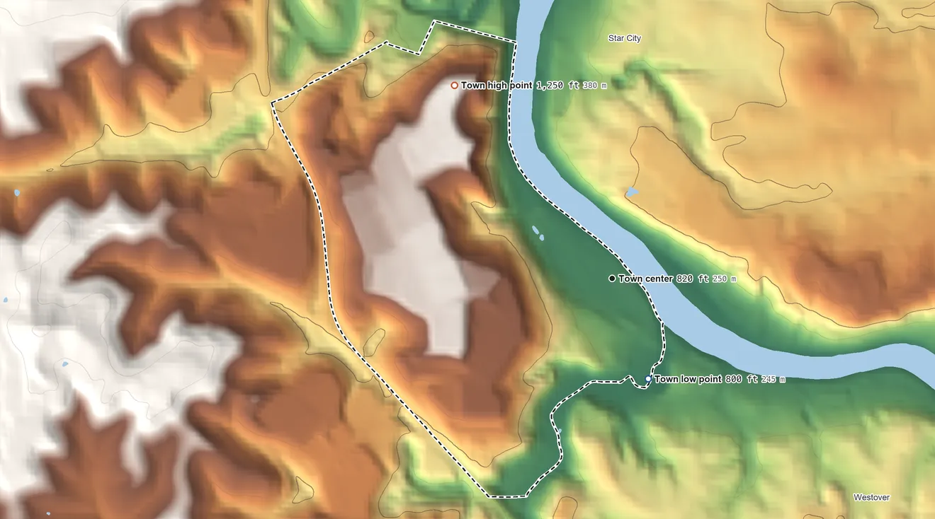 Topographic elevation map of Granville, West Virginia, shaded from 800 ft on the south side to 1,250 ft on the northwest side