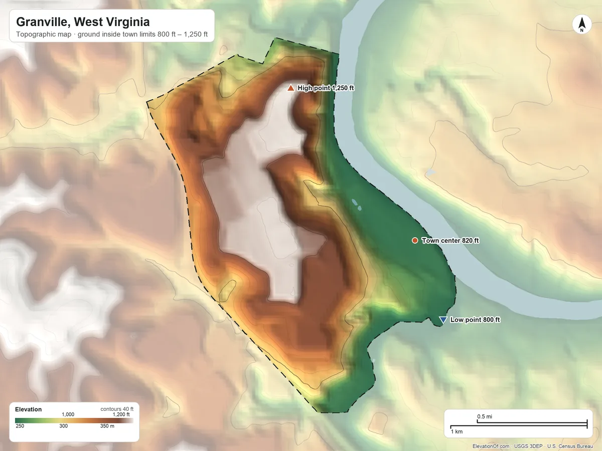 Topographic elevation map of Granville, West Virginia, shaded from 800 ft on the south side to 1,250 ft on the northwest side
