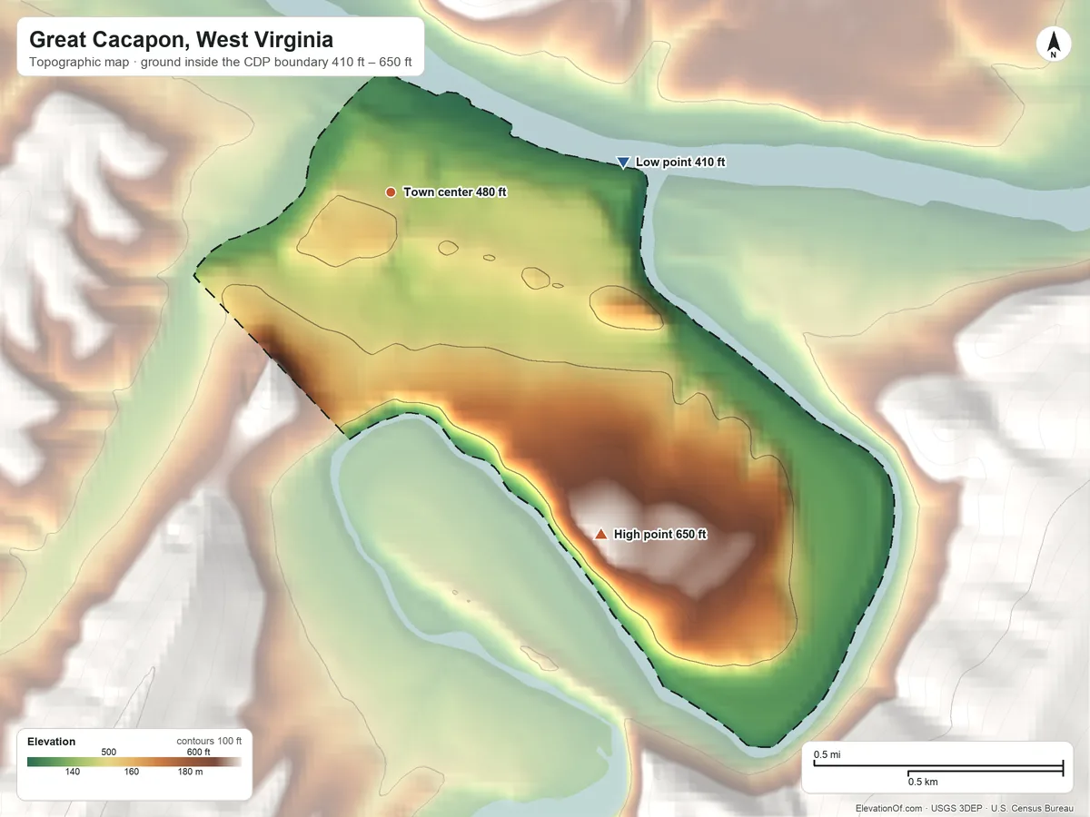 Topographic elevation map of Great Cacapon, West Virginia, shaded from 410 ft on the east side to 650 ft on the southeast edge, below higher ground just outside