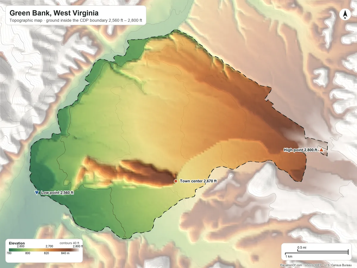 Topographic elevation map of Green Bank, West Virginia, shaded from 2,560 ft on the west side to 2,800 ft on the east edge, below higher ground just outside