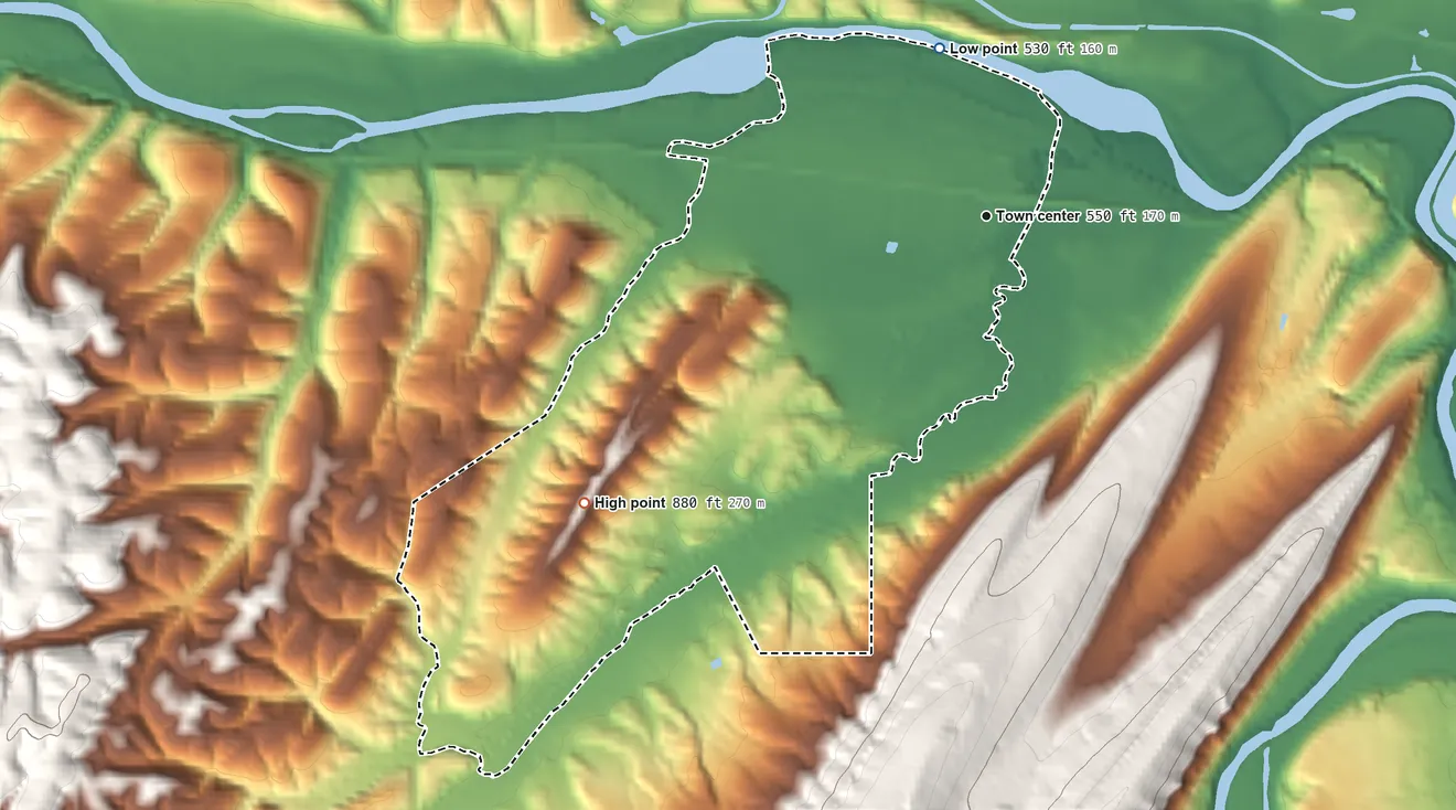 Topographic elevation map of Green Spring, West Virginia, shaded from 530 ft on the north side to 880 ft on the southwest edge, below higher ground just outside