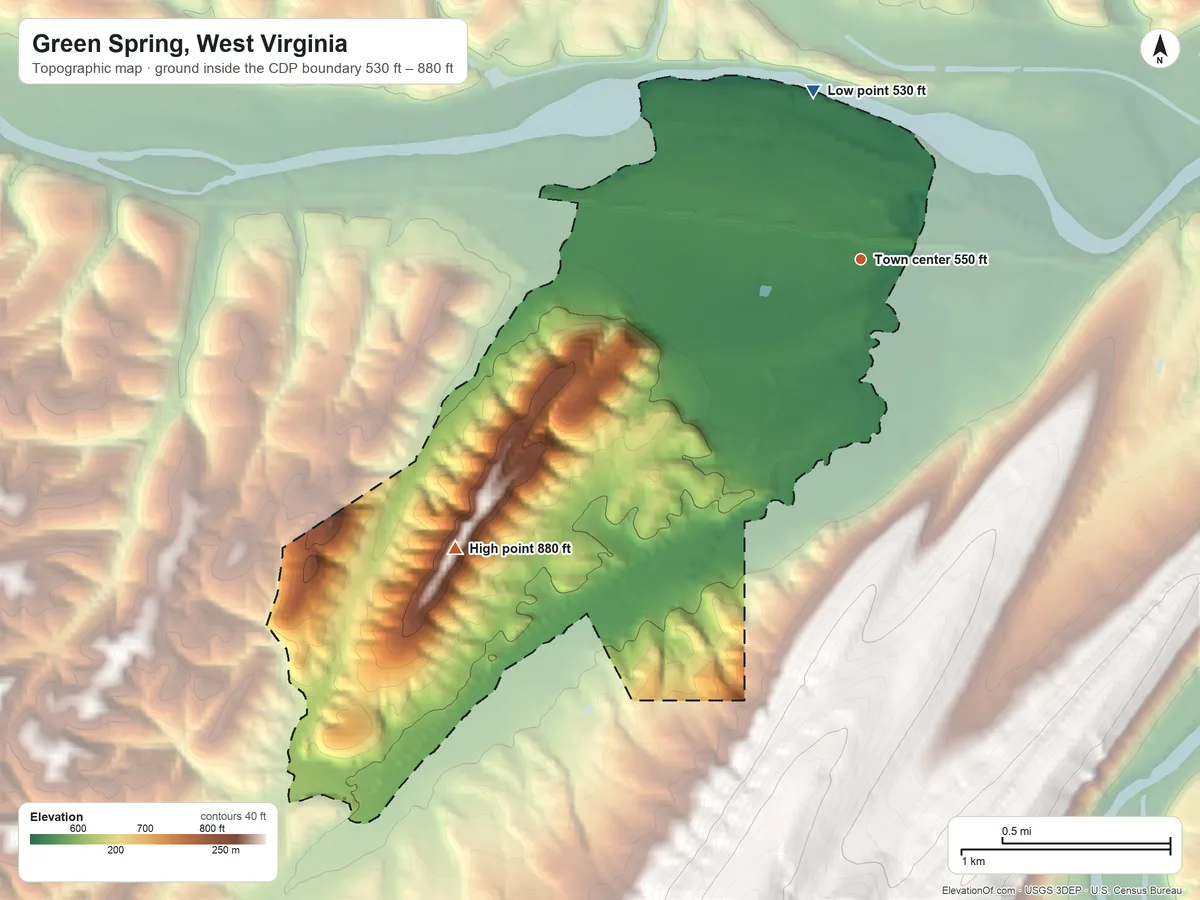 Topographic elevation map of Green Spring, West Virginia, shaded from 530 ft on the north side to 880 ft on the southwest edge, below higher ground just outside