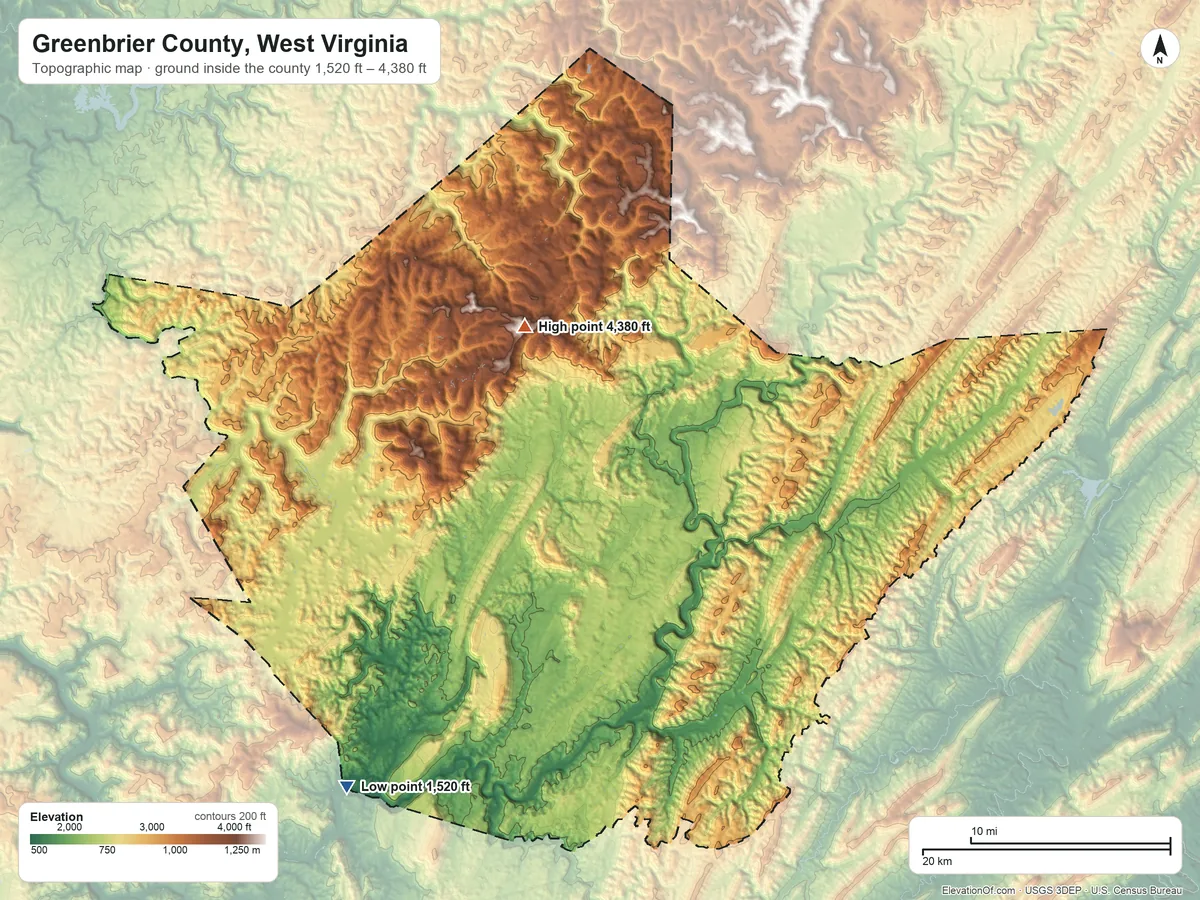 Topographic elevation map of Greenbrier County, West Virginia, shaded from 1,520 ft on the southwest side to 4,380 ft on Grassy Knob