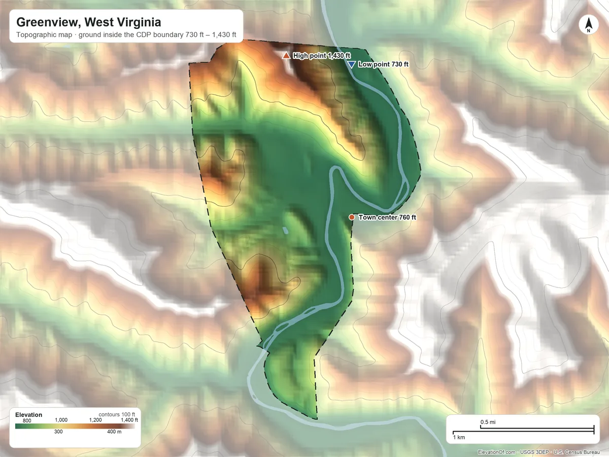 Topographic elevation map of Greenview, West Virginia, shaded from 730 ft on the north side to 1,430 ft on the north edge, below higher ground just outside