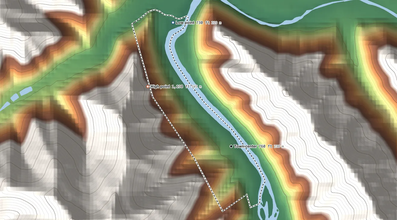 Topographic elevation map of Greenville, West Virginia, shaded from 730 ft on the northwest side to 1,130 ft at the foot of the Huff Mountain