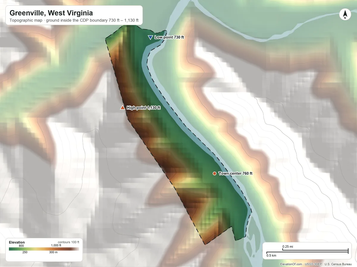 Topographic elevation map of Greenville, West Virginia, shaded from 730 ft on the northwest side to 1,130 ft at the foot of the Huff Mountain